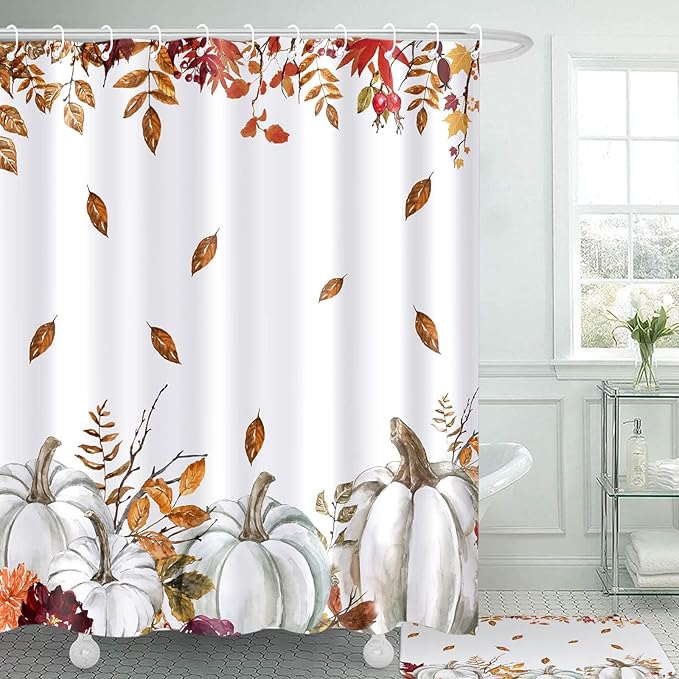 Drydiet 4 Pcs Fall Shower Curtain Sets 71 x 71 in Thanksgiving Autumn Non Slip Rugs Toilet Lid Cover Bath Mat and 12 Hooks Fall Bathroom Shower Curtain for Thanksgiving Harvest Farmhouse Home Decor