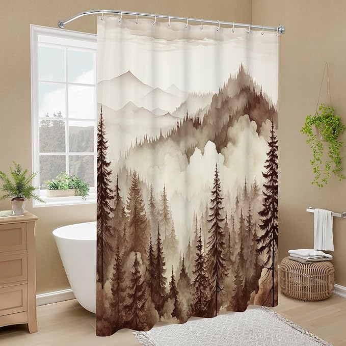Brown Extra Long Misty Pine Forest Shower Curtain 72 x 84, XL Tan Mountain Foggy Woodland Scenery Tree Shower Curtains for Bathroom, Abstract Waterproof Nature-Themed Decor