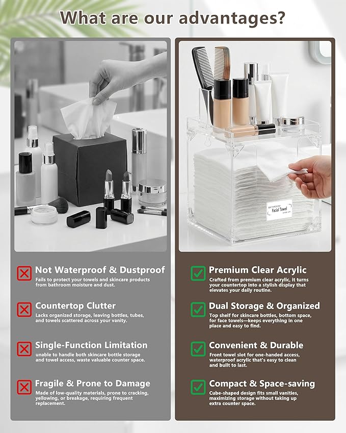 Foldable Facial Towel Holder – Disposable Face Towel Acrylic Storage Box for Bathroom, Clean Skin Club Box with Non-Slip Pads, Clean Towels XL Holder (Excluding Facial Towels)