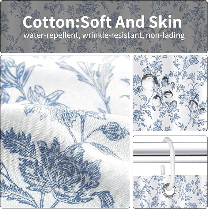 Seorsok Blue Shower Curtain,Sage Cotton Floral Cottagecore,Elegant Floral Fabric Shower Curtain Machine Washable Waterproof Bathroom Decor 60'Wx72'L inches