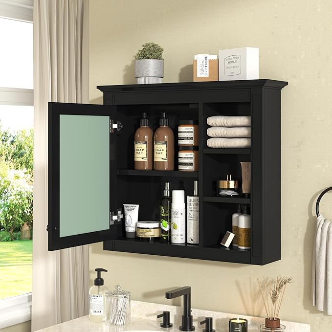 Merax Bathroom Medicine Cabinet with Mirror, 30" x 28" Wall Mounted Medicine Cabinet with Single Door and Shelves, Over The Toilet Mirrored Bathroom Storage Wall Cabinet
