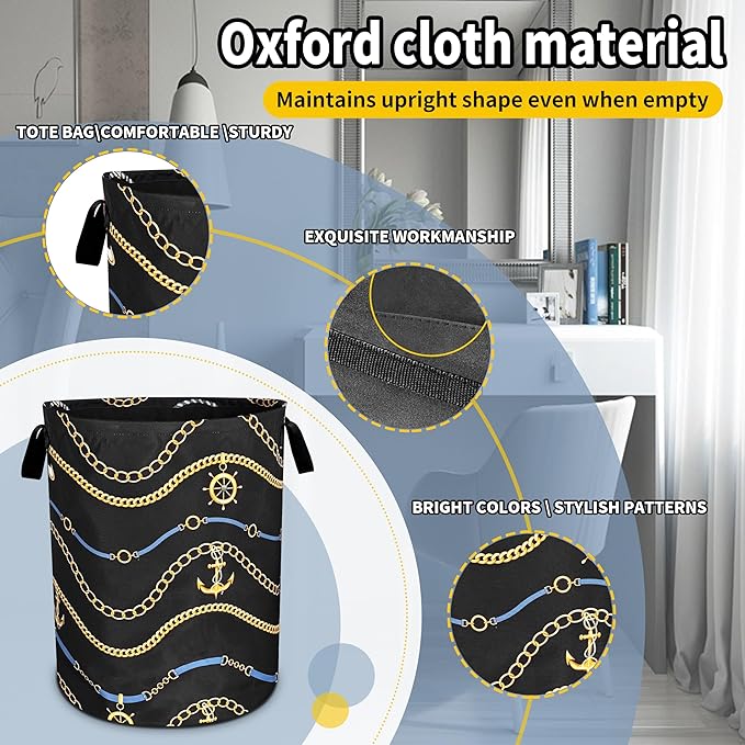 Anchor Rudder Laundry Basket Nautical Foldable Oxford Cloth Funny Tote Bag Laundry Hamper Clothes Storage Bucket Toy Organizer For Bathroom/Laundry Storage/Bedroom 18.9x16.5 Inch