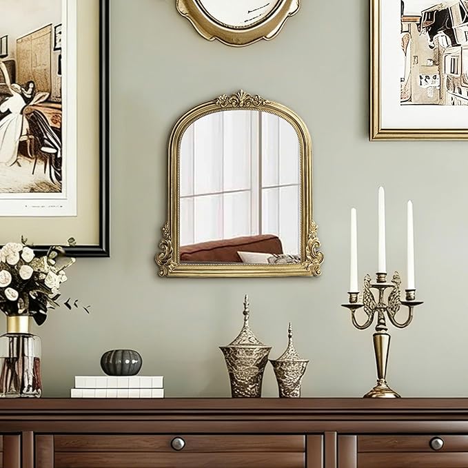 AELS 11.7"x10.8" Antique Gold Makeup Mirror, Vintage Arendahl Tabletop Vanity Mirror with Stand, Small Arched Mirror Wall Decor for Living Room Bedroom, Ornate Baroque Mirrors Luxury Home Decor