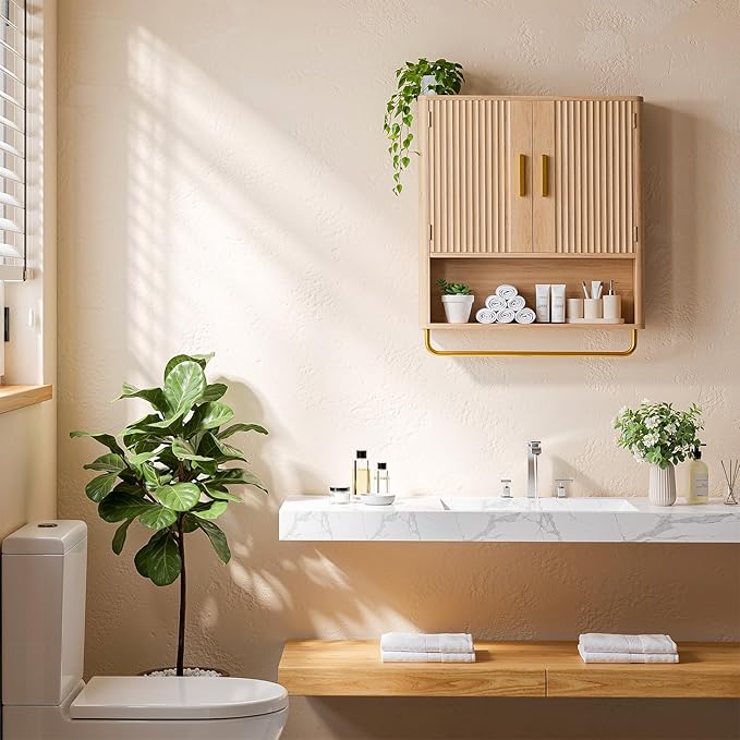 Memobarco Bathroom Cabinet Wall Mount with Fluted Door Panel & Adjustable Shelf, Medicine Cabinet with Open Partition and Towel Bar, Wall Storage Cabinet for Laundry Room & Kitchen (Natural Oak)