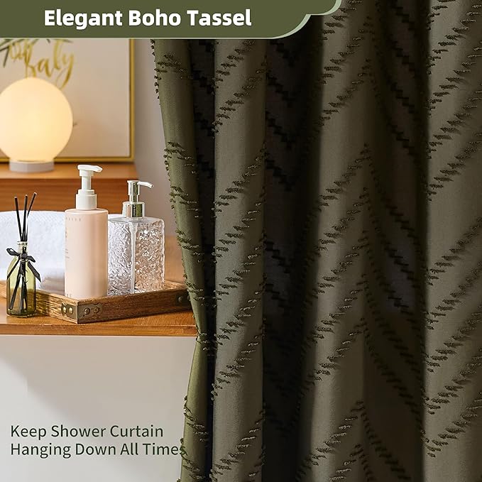 Extra Long Olive Green Boho Shower Curtain with Tassel, Woven Fabric 90 in Shower Curtain, Tufted Chevron Striped, 72 x 90, Modern Chic Textured Minimalist Bathroom Shower