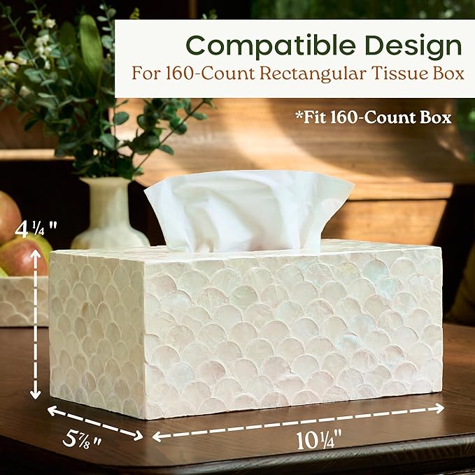 CHI AN HOME Rectangular Capiz Tissue Box Cover, Decorative Mother of Pearl Inlay Tissue Box Holder for Bedroom, Bathroom, Kitchen, and Office, Rectangle Tissue Box Cover White (10.25” x 5.9” x 4.33”)