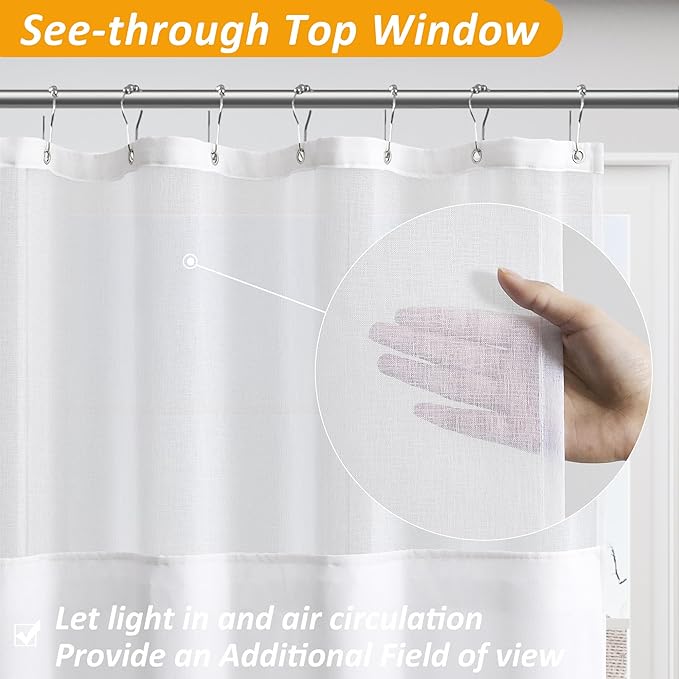 Naturoom Long Shower Curtain, Heavy Duty White Linen Fabric Shower Curtain Set with Liner, Simple Elegant Modern Farmhouse Country Bath Curtains for Bathroom, Mesh Top Window, 72 x 78, White