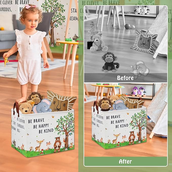 Woodland Nursery Decor Baby Shower Basket , Bear Baby Laundry Basket , Jungle Animal Baby Hamper Fox Rabbit Storage Bin Toy Bin Cute Collapsible Clothes Book Organizer Box