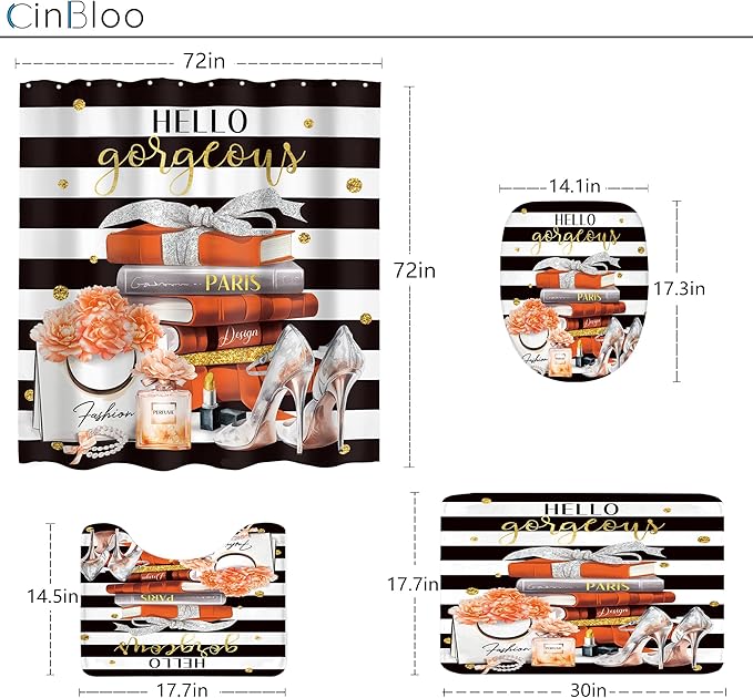 Cinbloo 4Pcs Black and Orange Shower Curtain Set, Burnt Orange Fashion Flower Perfume High Heels Books Bathroom Curtain with Rug, Toilet Lid Cover, Bath Mat, Women Girl Shower Curtain with 12 Hooks