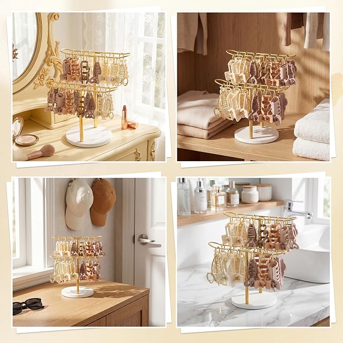 Lewtemi 2-tier Metal Claw Clip Organizer with 24 Golden Rings Hair Clip Holder Stand Claw Clips Storage Display Rack Hair Accessories Organizer Room Dressing Table Bathroom Decor for Women and Girls