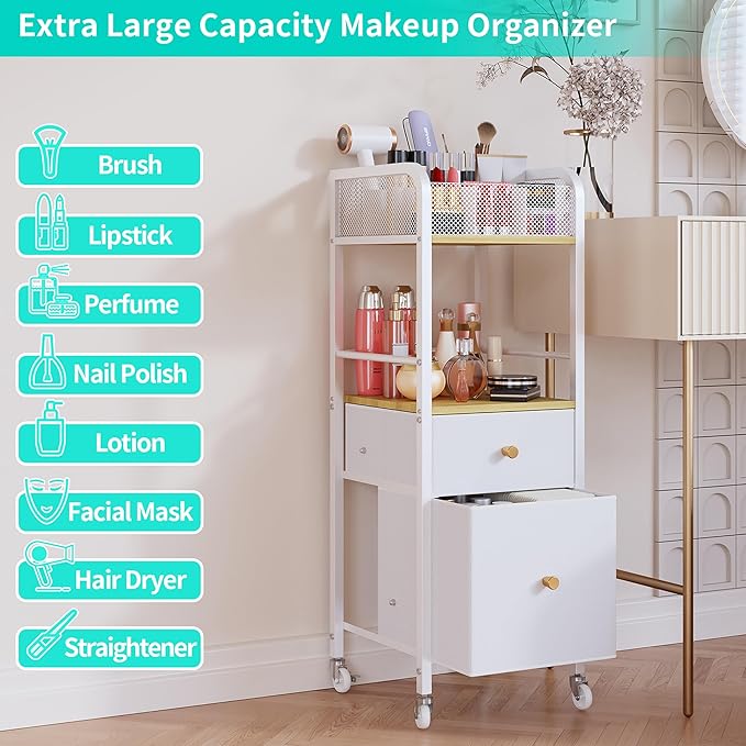 HapiRm Rolling Makeup Cart Organizer - Floor Skincare Make Up Storage with 2 Non-woven Fabric Drawers, Vanity Organizer Cosmetic Display Cases Holder for Skin Care Perfume Nail Polish Brush Hair Tool
