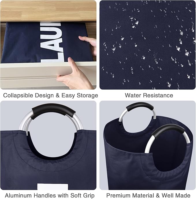 Large Laundry Basket Collapsible 95L, Tall Laundry Bag with Handles for Boys, Student, ?€? Fioldable Dirty Clothes Hampers for College Dorm???Laundry Room, Lightweight, Sturdy - Navy Blue