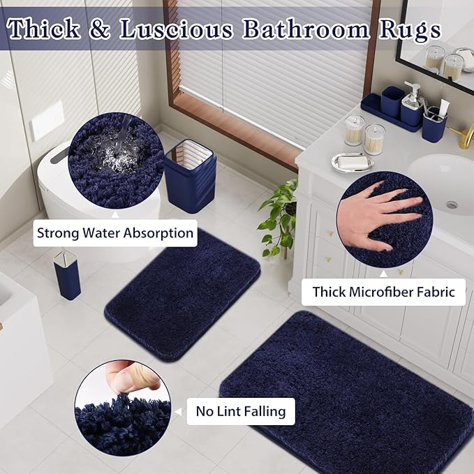 XLHOMO 24PC Navy Blue Bathroom Set with Shower Curtain and Rugs, Blue Bathroom Sets Complete with Trash Can,Soap Dispenser,Soap Dish,Toilet Brush,Toothbrush Holder and Cup,Tray,Q-Tip Holders