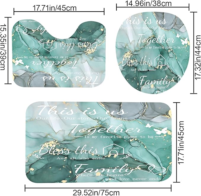 juwute 4Pcs Family Marble Shower Curtain Sets with Rugs,Green Home Inspirational Bathroom Decor Set, Bathroom Sets with Shower Curtain and Rugs, Waterproof Bathroom Shower Curtains, with 12 Hooks