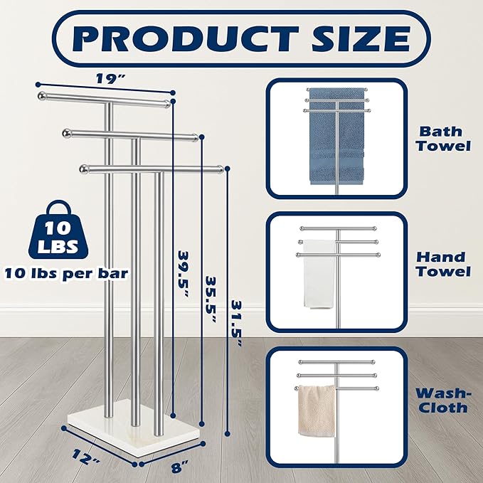 Standing Towel Rack with Marble Base, 3-Tier Free Standing Towel Racks for Bathroom, 40" Height Floor Towel Stand Holder for Bathroom, White