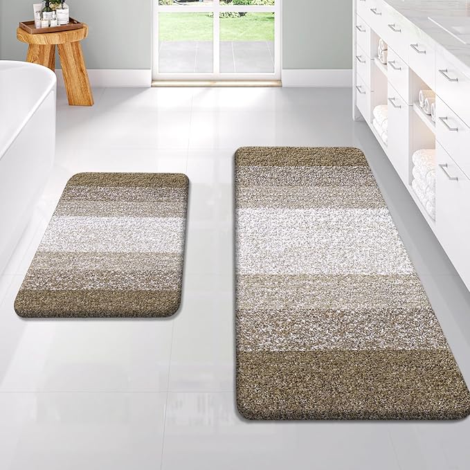 OLANLY Bathroom Rug Set 2 Piece, Soft Absorbent Microfiber Bath Rug Set, Non-Slip, Machine Wash Dry, Plush Shaggy Bath Mats for Bathroom (47"x20"+24"x16", Coffe)