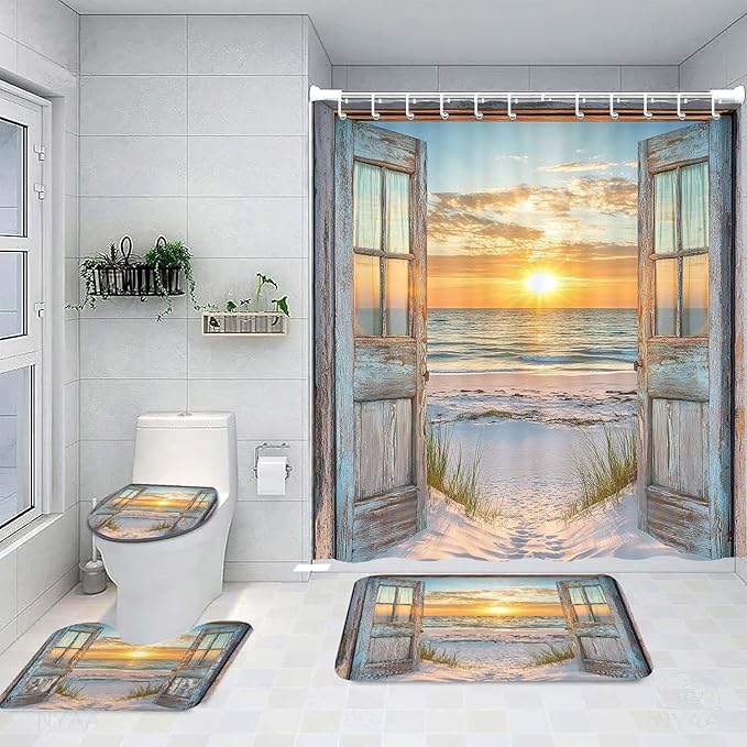 4 Pcs Beach Coastal Shower Curtain Set, Ocean Barn Door Nautical Sunrise Seaside Wave Bathroom Rug Sets, Rustic Wood Teal Turquoise Shower Curtain and Non-Slip Rugs Toilet Lid Cover Bath Mat Decor