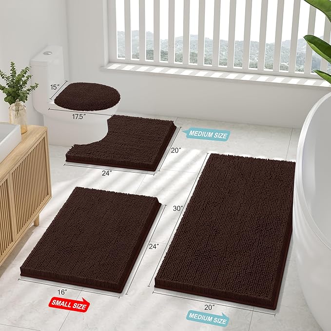 Smiry Luxury Chenille Bathroom Rugs 24x16, Extra Soft and Absorbent Shaggy Bath Mat, Machine Washable, Non-Slip Plush Carpet Runner for Tub, Shower, and Floor, Home Decor Accessories, Brown