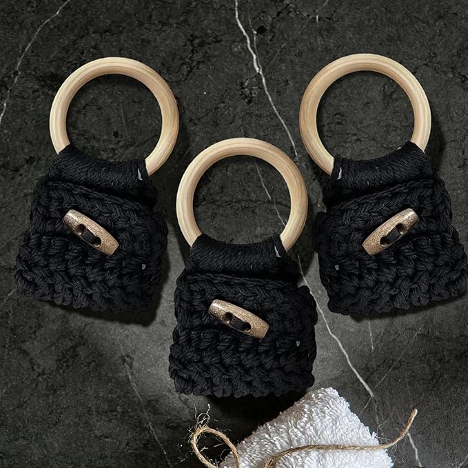 Aerbee Macrame Towel Holder Ring, 3PCS Kitchen Towel Hooks for Kitchen & Bathroom, Decorative Boho Style Kitchen Oven Towel Hanger Loop Ring, Unique Gift for Christmas, Black