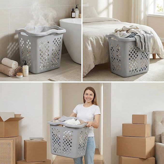 (2-Pack) 2 Bushel Plastic Laundry Baskets with Handles, Featuring Ventilation Design. Suitable for Laundry and Storage. Applicable to Bedrooms, Bathrooms, Dormitories. Convenient to carry. (Grey)