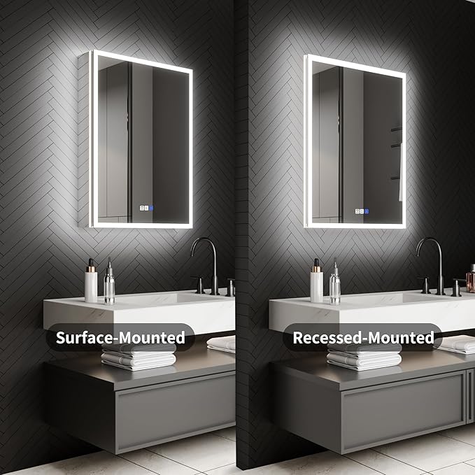ExBrite 24 x 32 Lighted Medicine Cabinet with Mirror, Front&Backlit led Medicine Cabinet,Defog,5X Magnifier,3 Colors Temper Dimmable,Surface or Recessed Mount,Hinge on the Left
