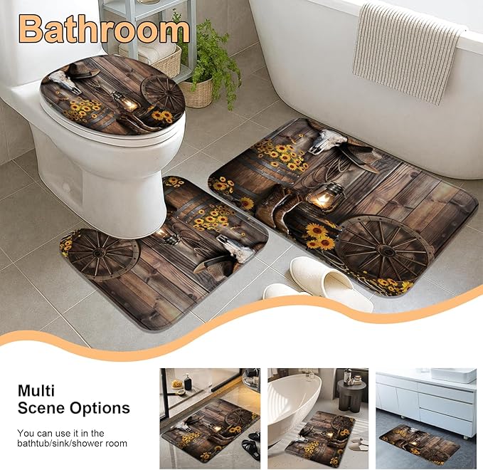 4Pcs Brown Cowboy Shower Curtain Rustic Theme Western Bathroom Set with Non-Slip Rugs, Rustic Farmhouse Shower Curtain with Sunflower and Barn Design, Washable Fabric, 12 Plastic Hooks