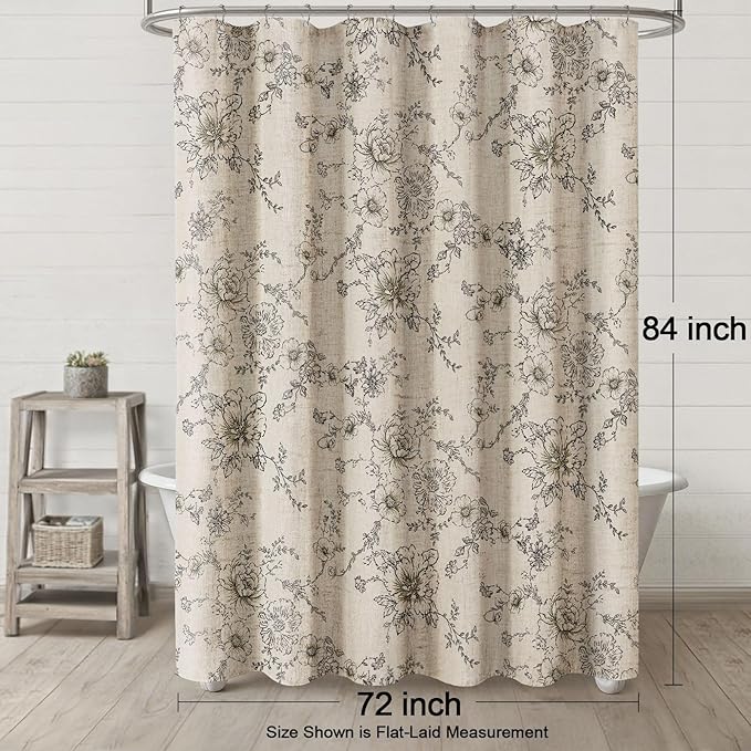 Farmhouse Floral Linen Shower Curtain, Vintage Black Pattern Rustic Shower Curtains for Bathroom, Tan Taupe,72x84
