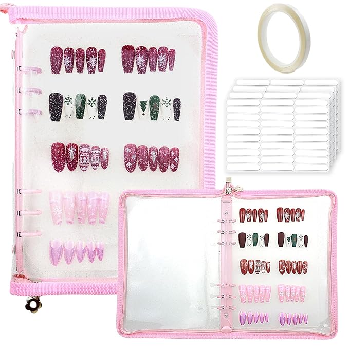 Press On Nail Storage Organizer with 4 Insert Pages - A5 Size Portable False Nail Storage Box for Collecting and Organizing Tips with Tape and Zipper Pocket (Pink)