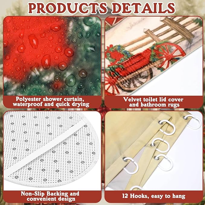FuWeave 8 Pcs Christmas Shower Curtain Set Xmas Santa Bathroom Decoration Christmas Tree Hand Towels Snowman Toilet Lid Cover Bathroom Rugs Xmas Shower Curtain with Hooks(Farmhouse Style)