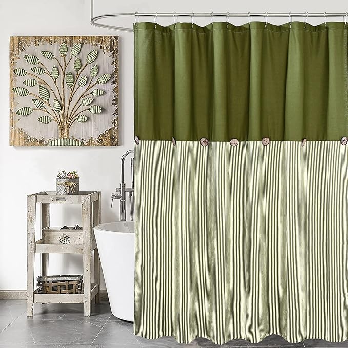 Farmhouse Shower Curtain,Green and Green Stripe,Button Curtain,Cotton Blend Fabric,Rustic Charm Country Chic Style,72x72 in