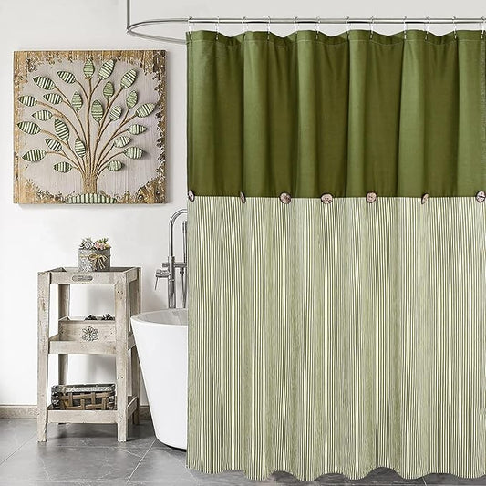 Farmhouse Shower Curtain,Green and Green Stripe,Button Curtain,Cotton Blend Fabric,Rustic Charm Country Chic Style,72x72 in