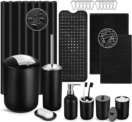 Black Bathroom Accessories Set, 23Pcs Bath Accessory Sets Complete with Bathtub Mat, Shower Curtain Set with Hooks, Soap Dispenser, Toothbrush Holder, Qtip Holder, Trash Can, Toilet Brush