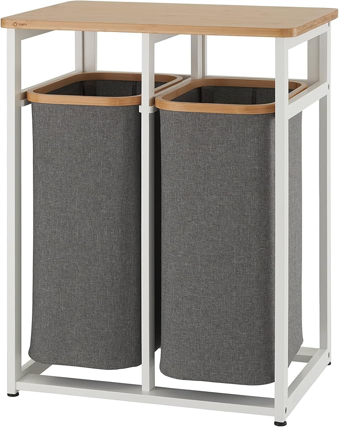 TRINITY EcoStorage Bamboo Wood Laundry Organizer Station with Folding Shelf and 2 Pull-Out Removeable Hamper Bags, White