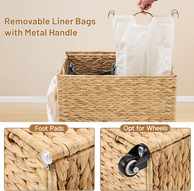 Laundry Hamper with Wheels, 40.92 Gallon(155L) Water Hyacinth Laundry Basket with Lid, 2-Section Wicker Clothes Hamper with 2 Removable Liners, Laundry Sorter with Side Pocket, Natural