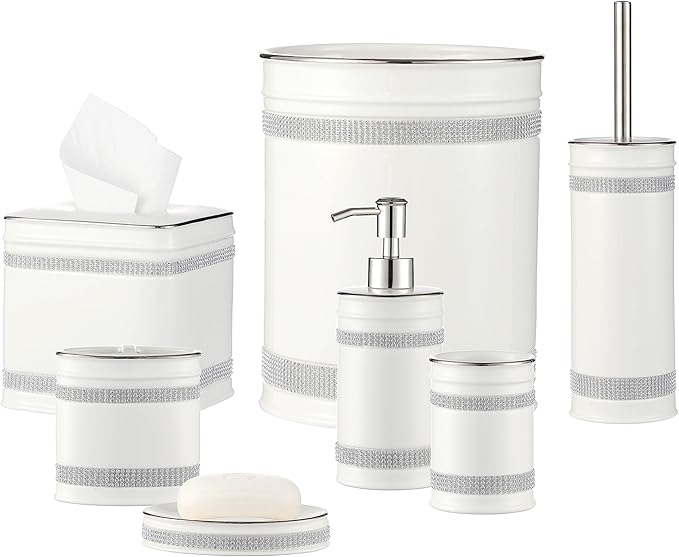 Bathroom Accessories Set, 4-Piece Ceramic Bath Accessory Complete Set with Lotion Dispenser/Soap Pump, Tumbler, Soap Dish and Toothbrush Holder (Rhinestones, White)