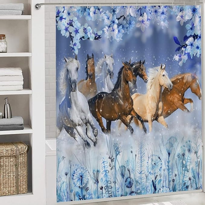 Beautiful Horses 4 Pcs Waterproof Shower Curtain Set,Realistic Modern Winter Forest Farm Animal Horse Blue Flowers with Waterproof Toilet Cover Shower Mat Rugs