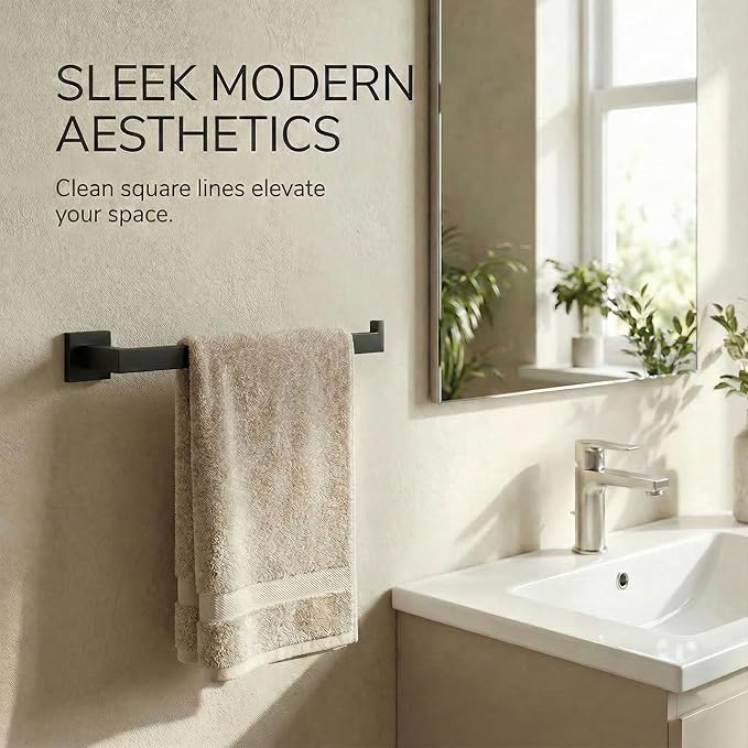 Matte Black Bathroom Hardware Set 5-Piece, Modern Square SUS304 Stainless Steel Bath Accessory Kit with 23.6" Towel Bar