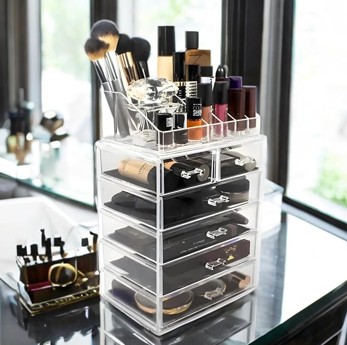 Acrylic Makeup and Jewelry Organizer. Multilevel with Drawers and Removable Topper.