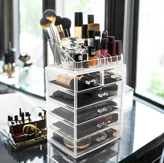 Acrylic Makeup and Jewelry Organizer. Multilevel with Drawers and Removable Topper.
