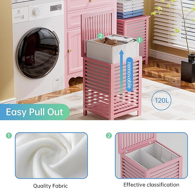 SMIBUY Double Laundry Hamper with Lid, 120L Bamboo Laundry Basket with Removable Liner Bag, 2-Section Clothes Divider Laundry Sorter for Laundry Room, Bathroom, Bedroom (Pink)