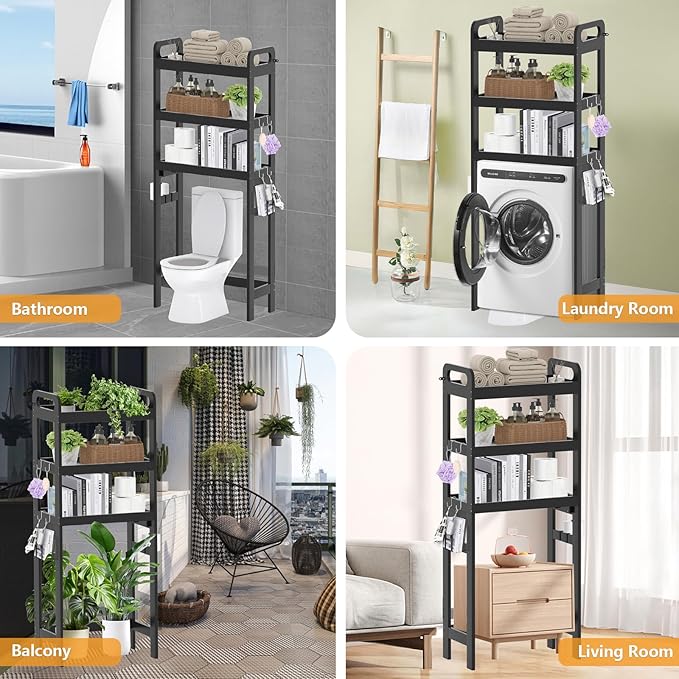 Over The Toilet Storage Shelf, 3 Tiers Space Saver Bathroom Organizer Shelves with Toilet Paper Holder and Hooks, Freestanding Toilet Rack for Washroom Balcony, Black