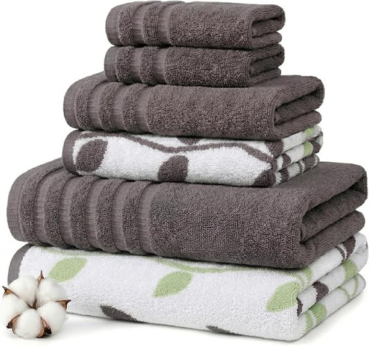 Modern Threads Natural Vine 6-Piece 100% Cotton Towel Set – Yarn Dyed Jacquard – Includes 2 Bath Towels, 2 Hand Towels, 2 Washcloths – Absorbent, Quick Dry, Soft & Durable – Gray