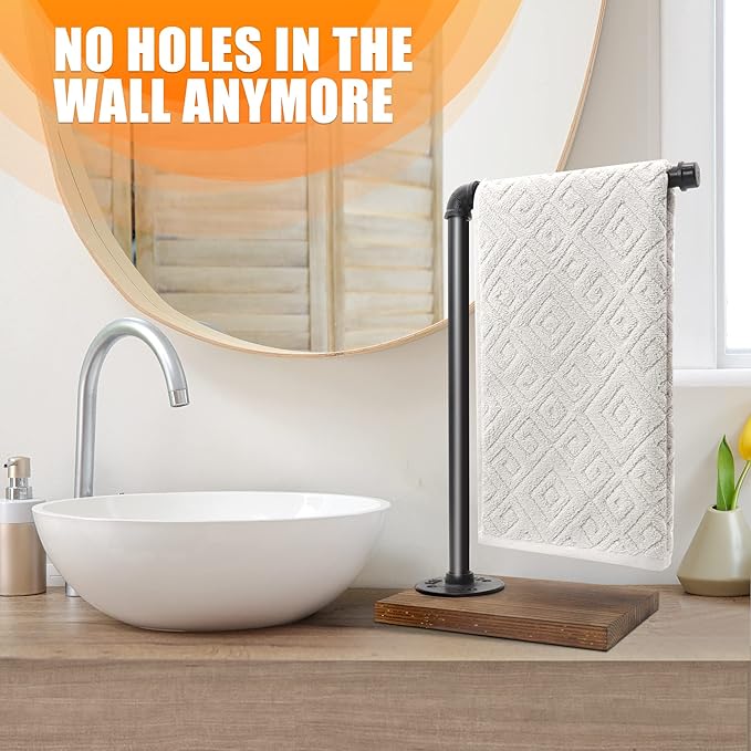 15'' Hand Towel Holder, L Shaped Towel Holder Stand with Weighted Base, Black Hand Towel Stand for Bathroom Kitchen Countertop