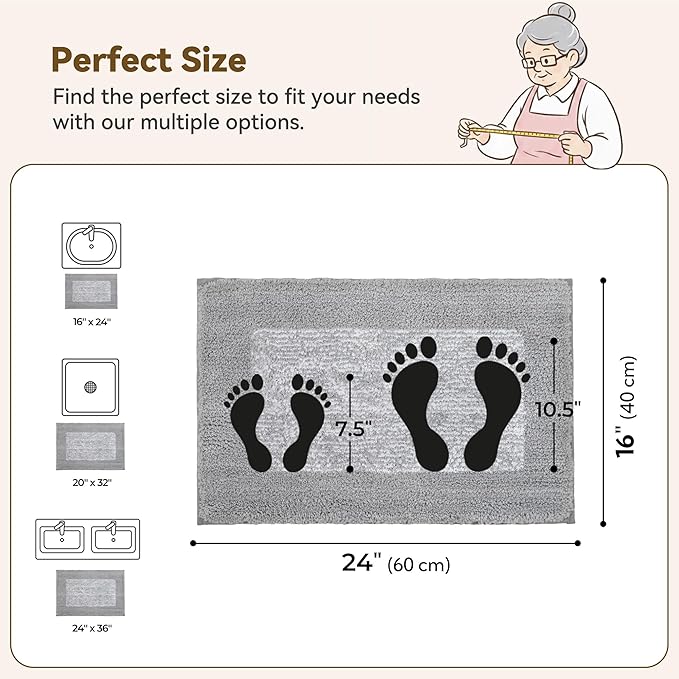 GRANNY SAYS Bathroom Rugs, Bath Mats for Bathroom Non-Slip, Super Soft and Water Absorbent, Microfiber Bath Rugs, Machine Wash Dry, Bath Rugs for Floor, Tub and Shower, 16" x 24" Grey & White