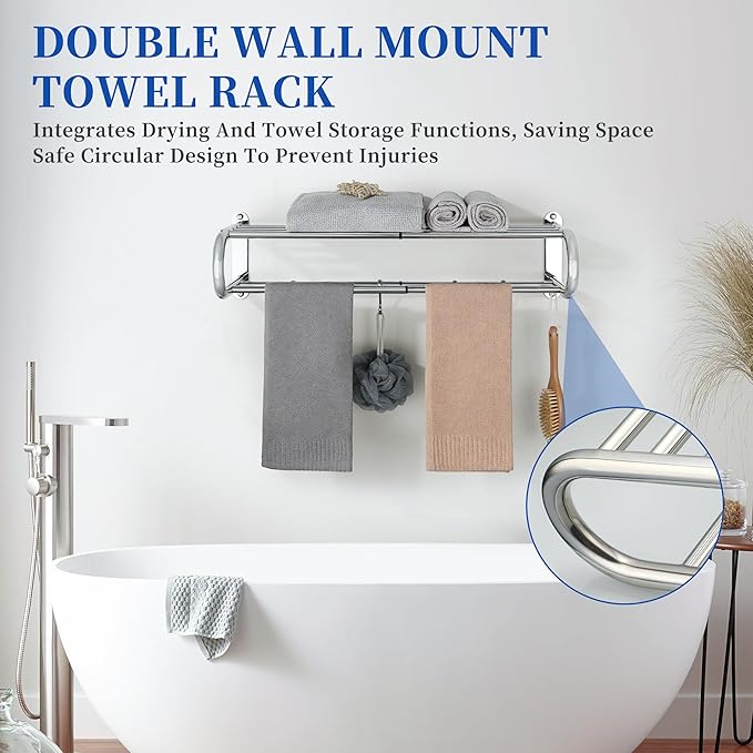 Alise Adjustable 16-28 Inches Double Towel Rack for Bathroom,Wall Mount Double Towel Racks,SUS304 Stainless Steel Towel Holder,Retractable Towel Shelf with 2 Towel Bars 4 Movable Hooks,Chrome