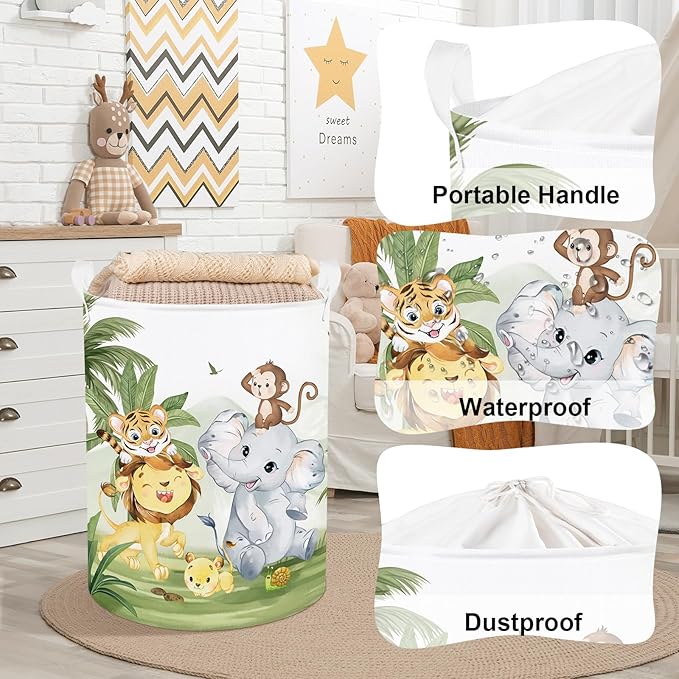 Clastyle 63L Large Rainforest Animals Kid Laundry Hamper with Handle Boy Girl Bedroom Bathroom Nursery Clothes Toy Storage Basket with Lid