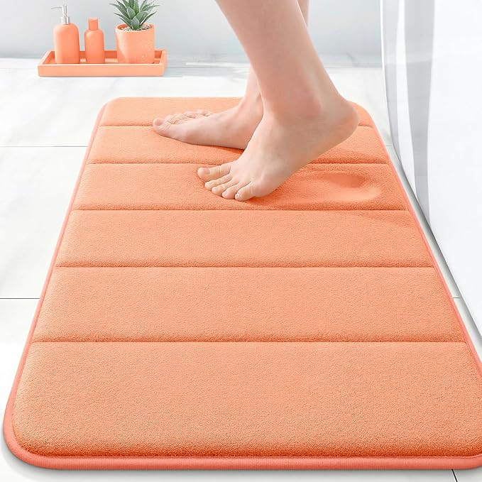 OLANLY Memory Foam Bath Mat 24x16, Super Soft Absorbent Bathroom Rugs, Quick Dry, Machine Washable Shower Floor Rugs, Bathmat Carpet, Bathroom Home Decor Accessories, Peach