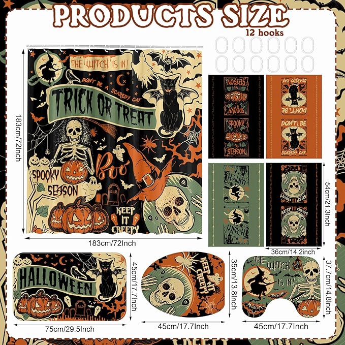 FuWeave 8 Pcs Halloween Shower Curtain Set for Bathroom Include Vintage Ghost Pumpkin Bat Cat Towels Non Slip Skull Rugs Toilet Lid Cover Spider Web Bath Mat and 12 Hooks for Halloween Bathroom Decor