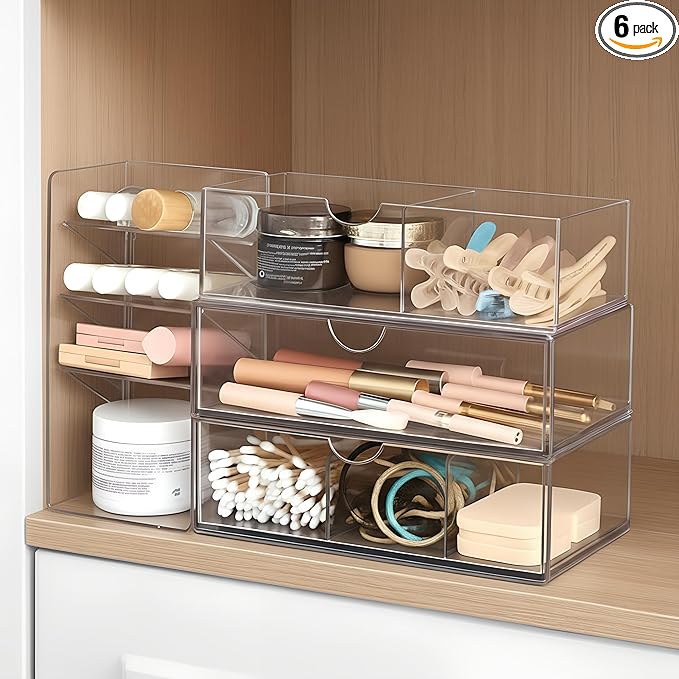 Kathfly 6 Pcs Medicine Cabinet Organizer Acrylic Stackable Clear Makeup Organizer with 2 Drawer 1 Storage Box 2 U Movable Partition and 1 Vertical Layered Storage Rack for Bathroom Cabinet Wall Vanity