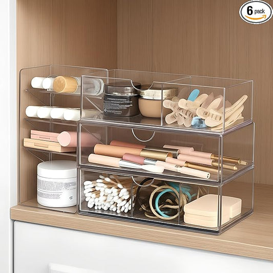 Kathfly 6 Pcs Medicine Cabinet Organizer Acrylic Stackable Clear Makeup Organizer with 2 Drawer 1 Storage Box 2 U Movable Partition and 1 Vertical Layered Storage Rack for Bathroom Cabinet Wall Vanity